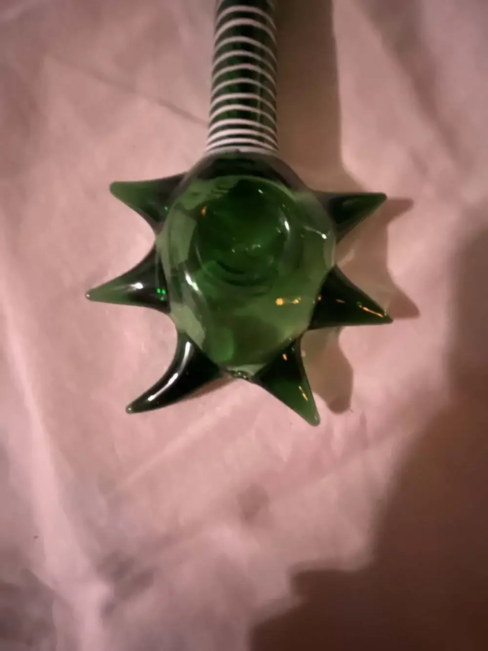 Art Glass Handblown Spiked Green Piece White Striped Stem